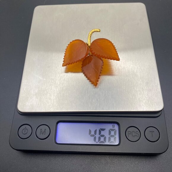 Baltic Amber Leaf Brooch Mid Century Gold Plate Vintage Hand Carved 4.68g 1.75" - Picture 8 of 13